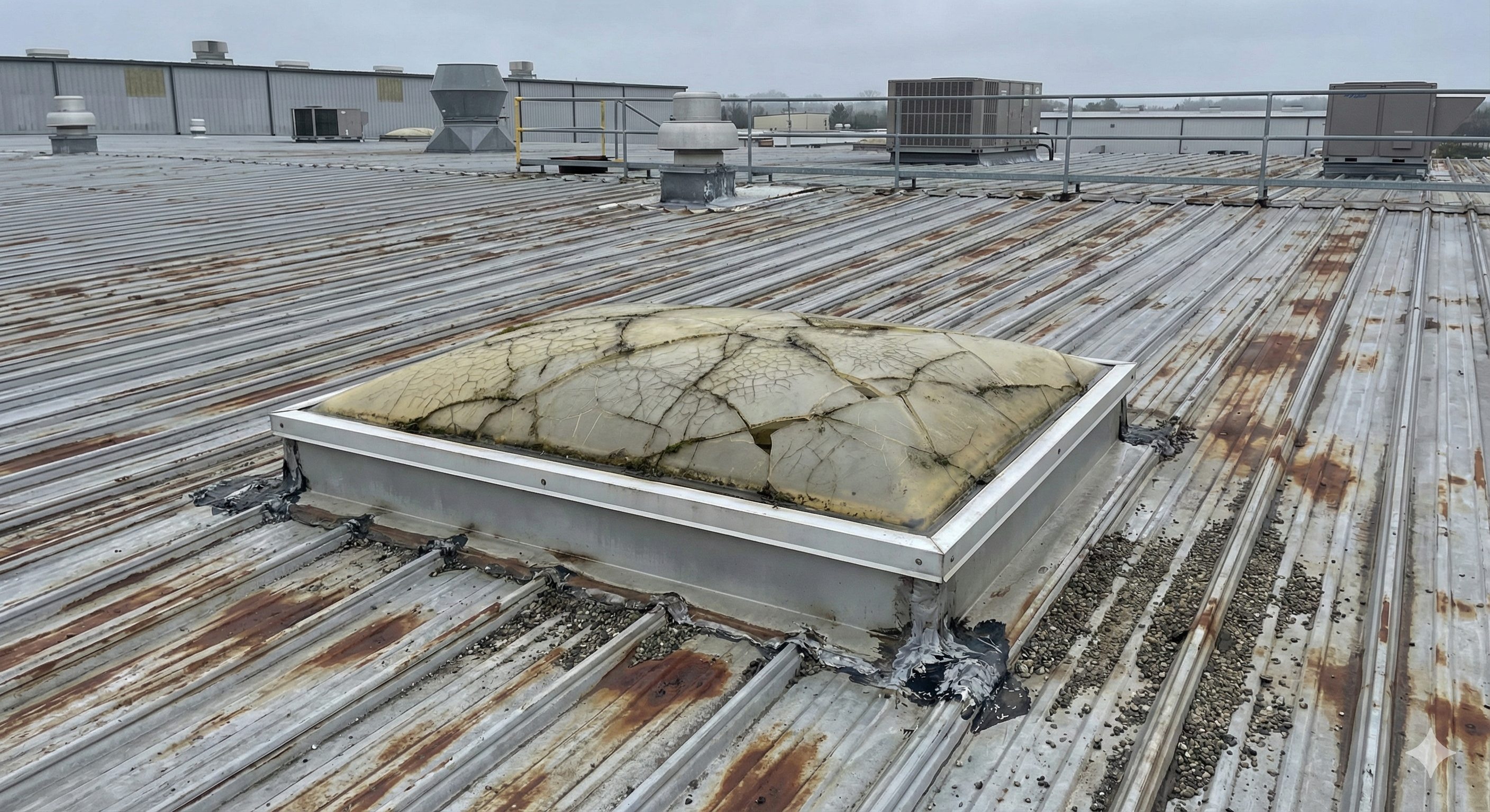Damaged skylight showing fall-through risk