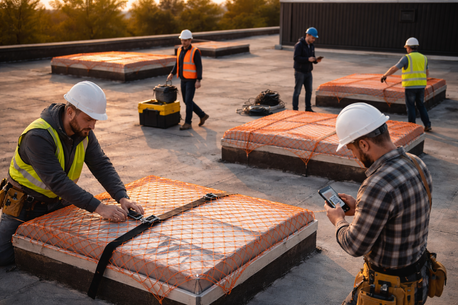 Workers on roof with skylight protection